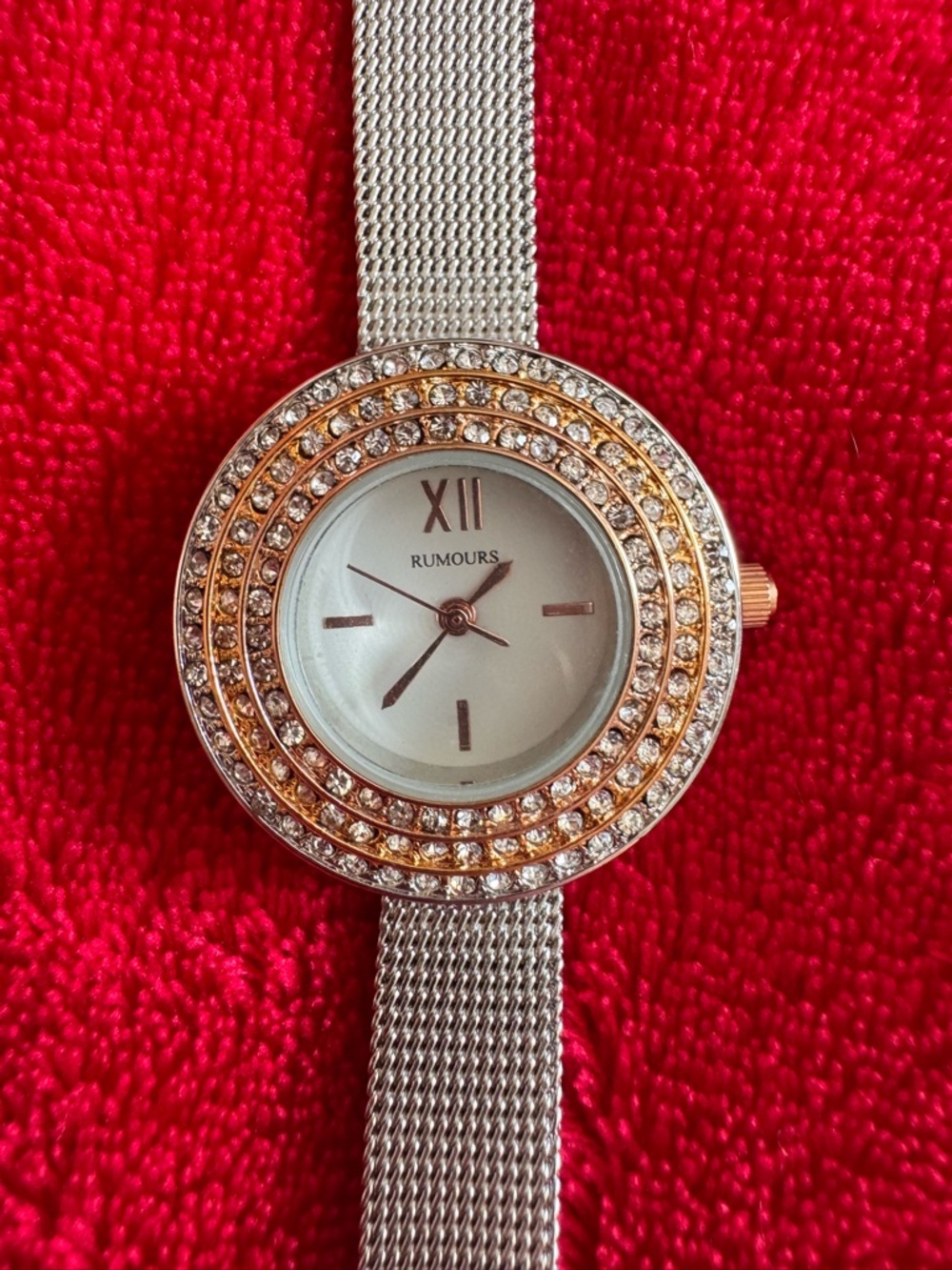Rumours Women's Silver Mesh Watch with Gold Crystal Accents